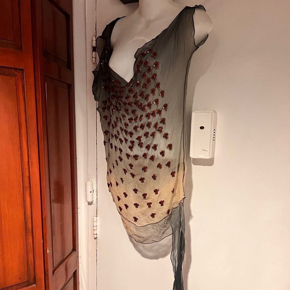 Rozae Nichols runway dress shirt Sequin blouse Cami see thru Top beaded